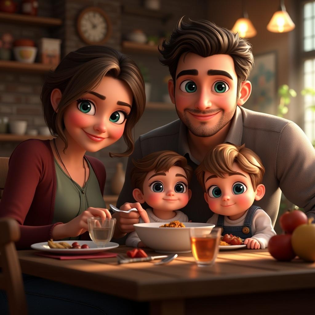 Familie diner, cozy vroolijke sfeer, papa : 1,78m zwarte haar kort met Kuifje, lange wimpers blauwe ogen, Bart getrimd korte kant en niet te vol. Mama : lange haar beetje gekruld, koper donker blond, groene ogen, 1,68m 
2 jongens : eentje 3 jaar , bruine haar , blauwe ogen lange wimpers 
Baby , blauwe ogen lange wimpers donker blond haar.
