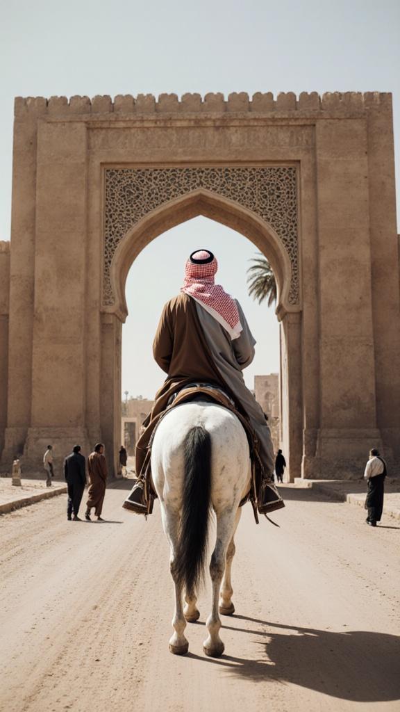 Draw 9:16 ration a hyper realistic and cinematic image.Cristiano Ronaldo is wearing traditional Arabic cloth (brown and grey (thobi) and (rea and white keffiyeh) and riding a (white) horse.A large arched gate, representing the entrance to the city. This appears to be an Islamic or Middle Eastern-style building, made of mud, limestone, or stone. Background: A few people are standing across the gate, and a palm tree is visible in the distance. The road is dirt and dusty, giving the impression of a rural area.