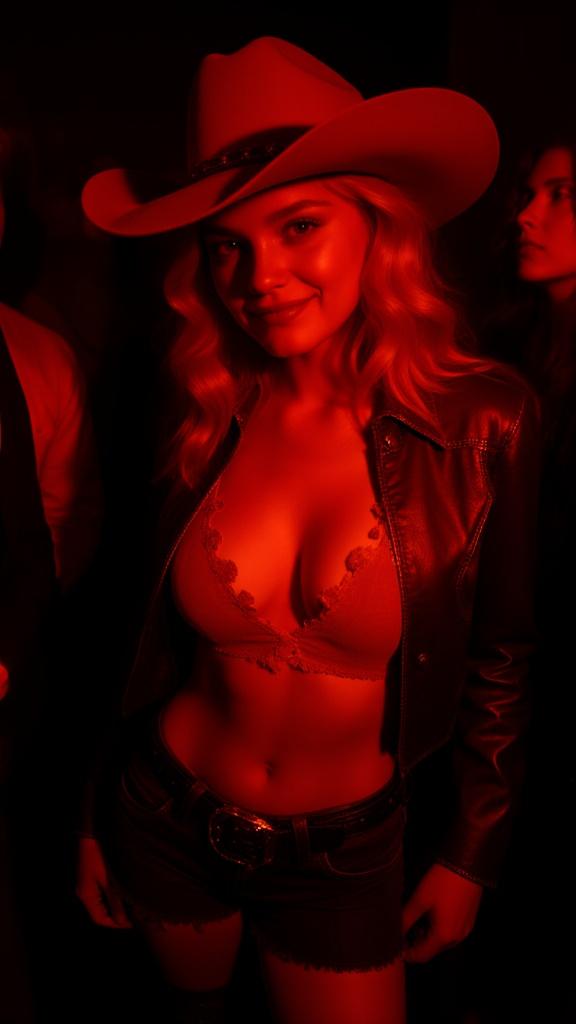 A 21-year-old blonde bombshell, daughter of Swedish supermodels, commands attention at a dimly lit party in a ridiculously short, revealing cowboy costume.  Her cowgirl hat casts shadows, enhancing her sultry gaze. Red lighting accentuates her flawless skin and confident smirk, a captivating blend of innocence and allure.  The scene pulsates with energy, a vibrant mix of luxury and raw desire.
