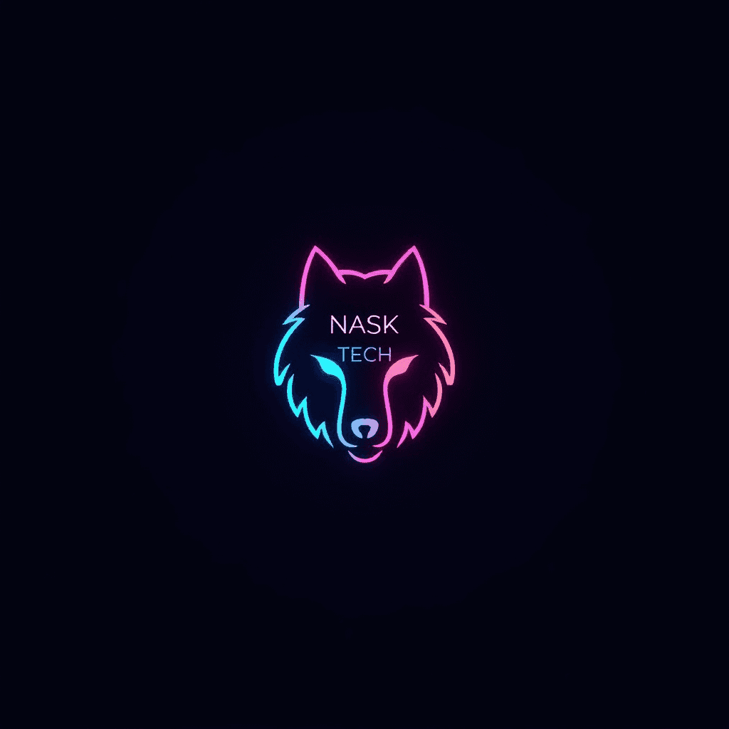 neon wolf with text written as NaSK Tech
, symmetrical design