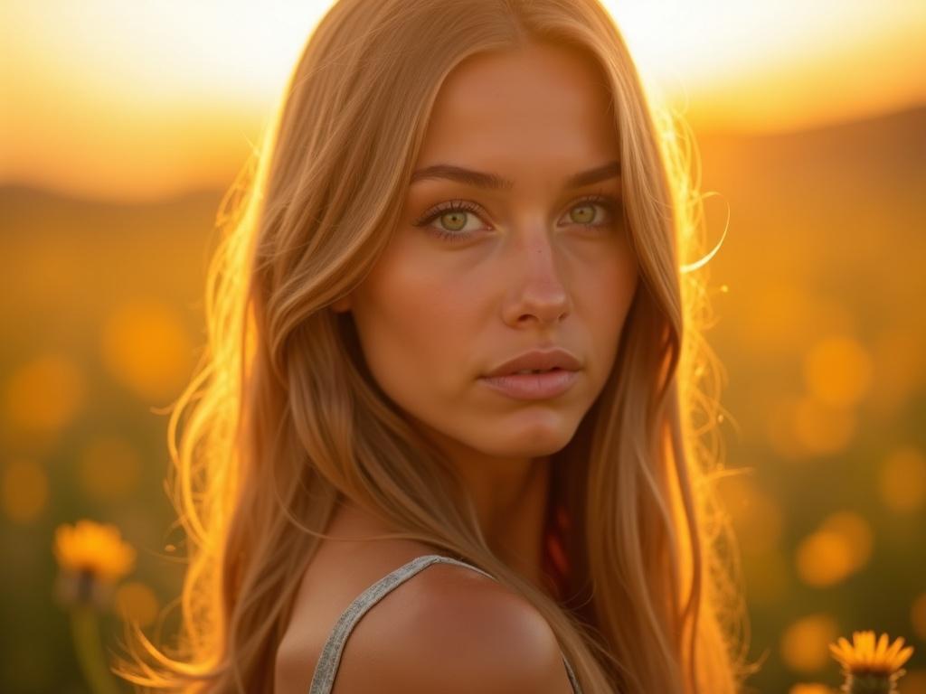 The same woman with straight light-brown hair and green eyes stands in a sunlit meadow at golden hour, facing the camera frontally, gaze intense yet soft. The sunlight illuminates her hair with golden highlights, her smooth skin glowing naturally. Background: blurred wildflowers and warm horizon light. Captured on 85mm lens, f/1.8, ISO 100, bokeh background, ultra-high resolution, natural color grading, sharp facial focus, cinematic style.