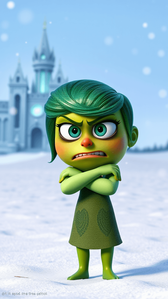 A close-up 3D Pixar-style scene of Disgust from Inside Out. She is standing in a snowy field in Arendelle, crossing her arms and wrinkling her nose in distaste. Her bright green color contrasts with the white snow, and her expression radiates sass and disdain. In the background, the icy palace of Elsa glimmers faintly, with soft snowflakes falling around her.