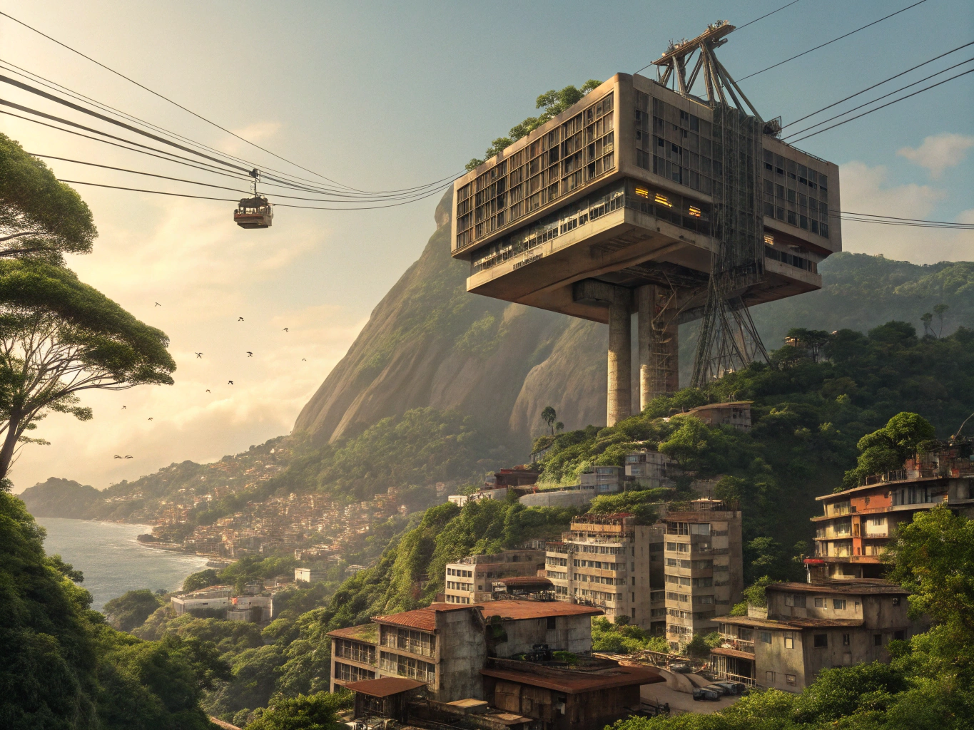 Epic artwork of a massive brutalist building floating above a favela in a tropical landscape, the large brutalist building has large wires and cables hanging from it, cinematic art