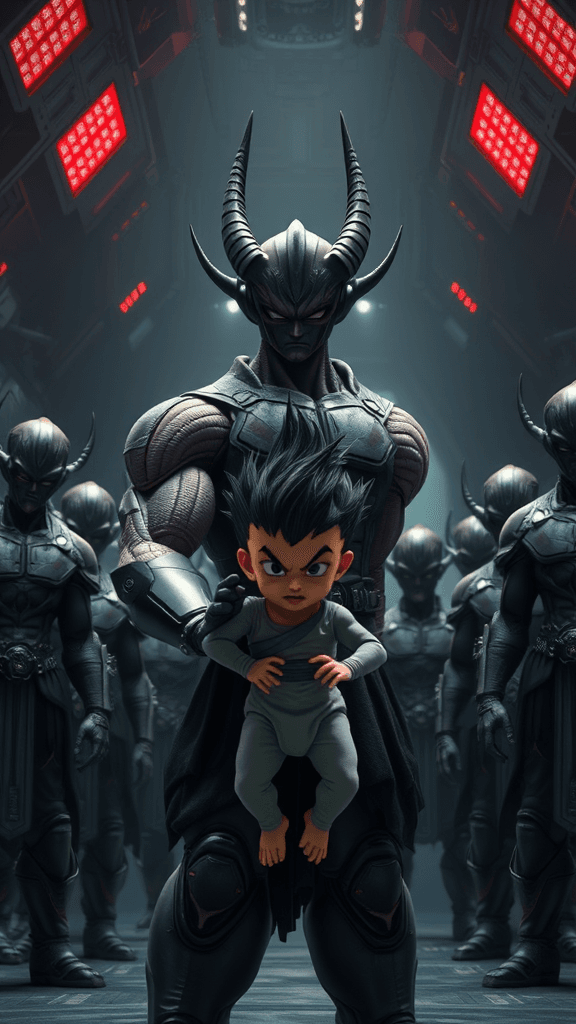 A group of sinister warriors in dark, futuristic armor stand in a dimly lit spaceship hangar. In the center, a muscular alien with sharp horns and a robotic arm holds a crying baby Saiyan in his hand. The baby has spiky black hair and a fierce, determined look. The atmosphere is tense and foreboding. Disney Pixar 3D style, highly detailed, dramatic lighting