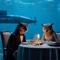 underwater scene of two owls sitting at a fancy dining table with a lit candle in the center, the two owls are having a lovely dinner together. The left owl is wearing a tuxedo, the right owl is wearing a nice dress. In the background is a submarine passing by with the words "What a Hoot" painted on its side. There are little jellyfish swimming around at the bottom of the image below the table, cinematic beautiful digital artwork