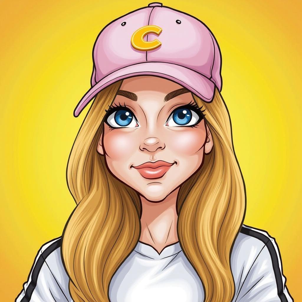 A close-up portrait of a young woman with long blonde hair and blue eyes. She is wearing a light pink baseball cap that has a yellow logo on the front. Her eyes are a piercing blue and her eyebrows are a darker shade of brown. Her lips are a lighter shade of pink. She has a white t-shirt with a black stripe on the left side of the shirt. Her hair is cascading down her shoulders. The background is a vibrant yellow.