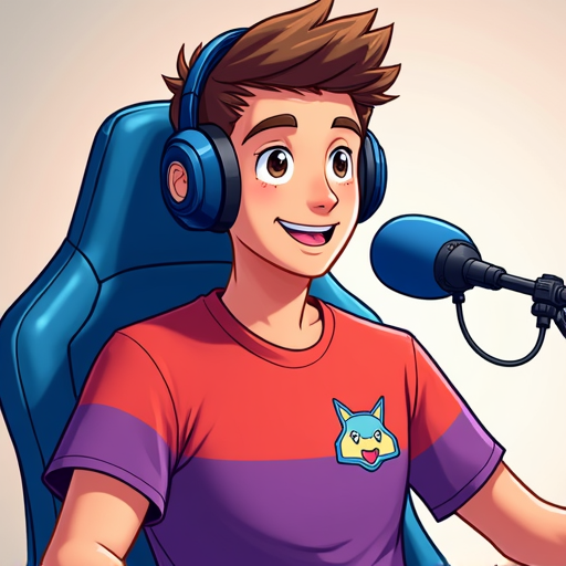 A vibrant and playful digital cartoon of a young man with a light skin tone, seated in a gaming chair. He wears large over-ear headphones and a red and purple t-shirt featuring a small robot icon on the chest. He smiles warmly while speaking into a blue Snowball microphone mounted on a boom arm. Subtle PlayStation symbols and Pokémon elements, like a Pokémon, are integrated into the shirt design or background. The illustration style is clean, colorful, and outlined with bold lines to enhance the cheerful, gaming-themed atmosphere