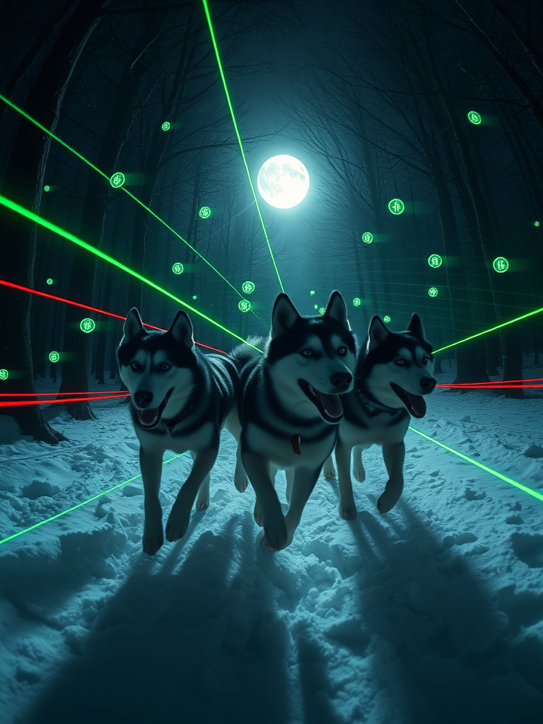 a-night-forest-scene-with-three-huskies-3wykbld48n