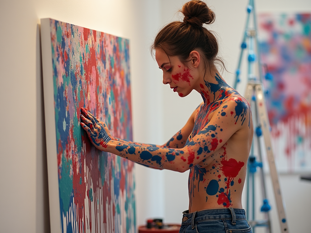 Artist generating painting by covering her body in paint and pressing on canvas.