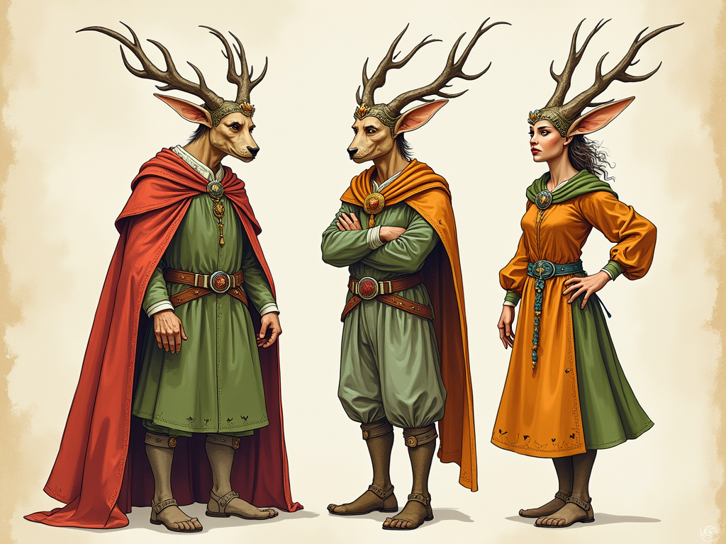 No estilo de ilustração em estilo antigo pintado em aquarela do livro de guia de campo do Arthur spiderwick, faça uma criatura, com anatomia e Vestimentas inspirada na imagem de referência de um: Elfos Nobres
Os Diplomatas, Oradores e Regentes da Corte

Acima dos guerreiros, os Nobres são os que negociam com entidades superiores, redigem os Tratados do Tempo e mantêm a ordem interna das cortes.

Aparência:

Extremamente variados, com traços inspirados em mariposas gigantes com orelhas peludas 
Roupas feitas de ouro vivo, gemas e tecidos de luar;
Sempre utilizam máscaras douradas em rituais e cerimônias — tradição que protege suas identidades espirituais;
Cabelos e pelagens variam do vermelho ao azul, do prata ao negro estrelado.
Função:
Compõem a alta cúpula das cortes e atuam como juízes, conselheiros, estudiosos e encantadores. Todos pertencem, por sangue ou mérito, à linhagem da Rainha Titânia.
