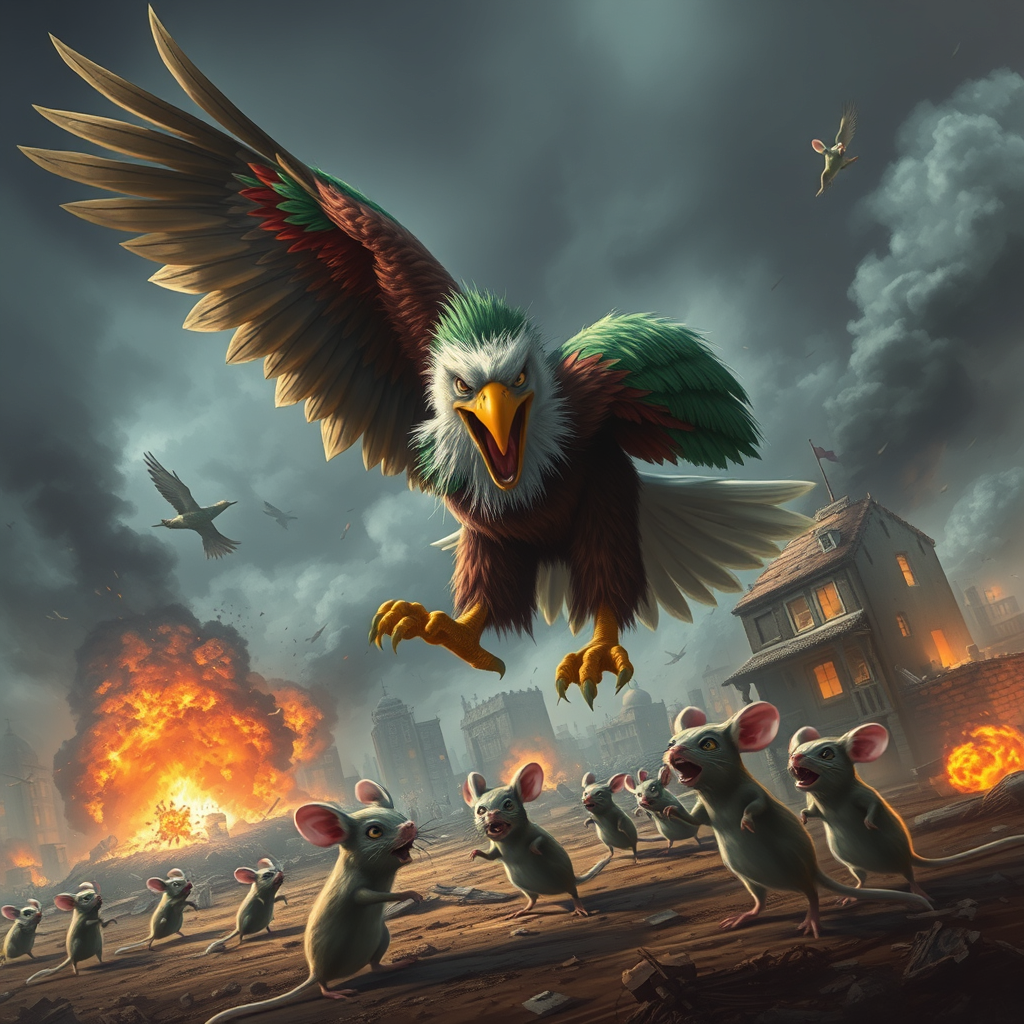 An angry eagle with green, red, and white feathers attacks frightened mice on a battlefield filled with smoke, explosions, fire, and destroyed buildings.