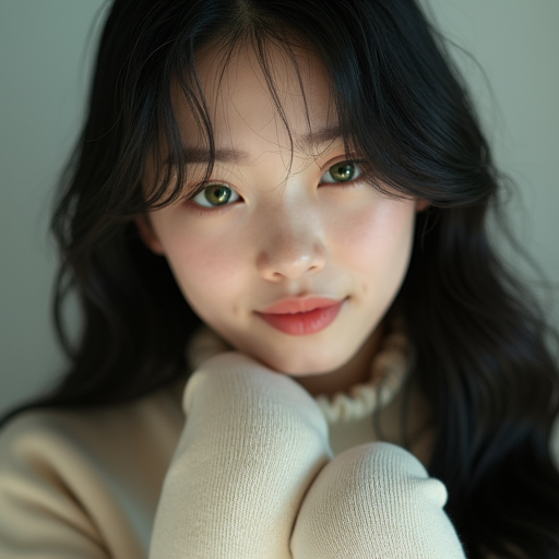 a stunningly beautiful petite Asian girl, glowing green eyes, flawless skin, silky long black hair, wearing cute pastel socks, stylish and trendy outfit, warm smile, soft lighting, dreamy atmosphere, cinematic close-up, high detail, ultra sharp, professional beauty shoot