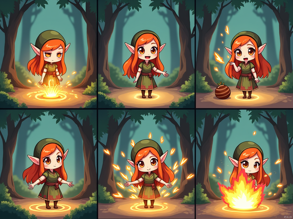 “Create a 3x3 comic-style storyboard featuring Mira, a young Wood Elf Wild Magic Sorceress. Use a cute, chibi-inspired anime style with expressive body language and vibrant magical effects. Each panel should be clearly framed and fully visible, with the camera showing Mira’s full upper body or more. The story is whimsical and playful, as Mira accidentally casts a fireball spell. Animate each scene as a progression, moving left to right, top to bottom.”

Panel 1: Mira stands in a glowing forest clearing, confidently focused, preparing to cast a spell.
Panel 2: She smiles brightly as magical energy begins forming between her hands, sparkling gently.
Panel 3: Mira tilts her head in confusion as small sparks flicker unexpectedly.
Panel 4: She gasps and pulls her arms back slightly, magic fluttering out of control.
Panel 5: She panics with wide eyes and flailing hands, her magic swirling chaotically.
Panel 6: A huge puff of magic explodes around her — colorful and harmless-looking but chaotic.
Panel 7: A small fireball bursts outward. Mira’s hair and cape blow back as the forest flashes with light.
Panel 8: The clearing is scorched. Mira stands soot-covered, stunned, and blinking with her hands slightly raised.
Panel 9: She turns toward the viewer, her face smudged and hair frazzled, giving a deadpan chibi stare as if saying, ‘I accidentally cast fireball.’

Style: Vibrant, playful, fantasy anime with magical forest backgrounds. Use exaggerated chibi expressions to show humor and surprise. Magical effects should be bright and cartoony (sparkles, puffs, tiny fireballs). Make sure the whole layout remains in-frame and panel borders are clean and consistent.