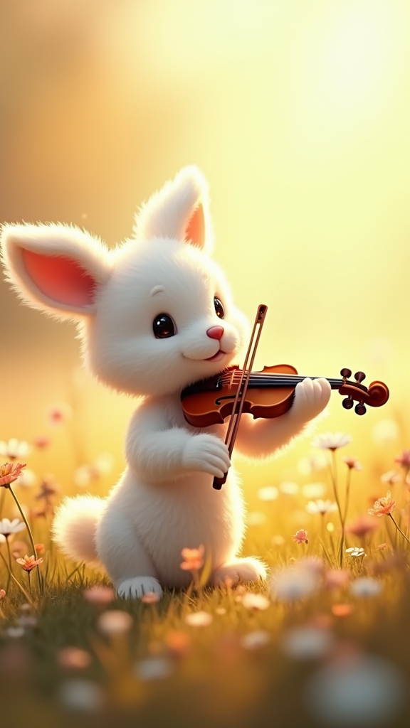 Mini coelho tocando violino em um campo florido
Um pequeno coelho branco, com olhos brilhantes, segurando um violino quase do seu tamanho, tocando com delicadeza no meio de um campo de flores silvestres ao pôr do sol. Estilo aquarela, fundo suave e tons pastel.
