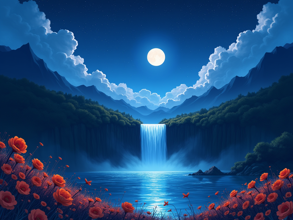 Anime-style night scene with a central waterfall, red-orange flowers in the foreground, clear water, dark mountains, starry sky, and full moon lighting clouds, mist, and natural details.