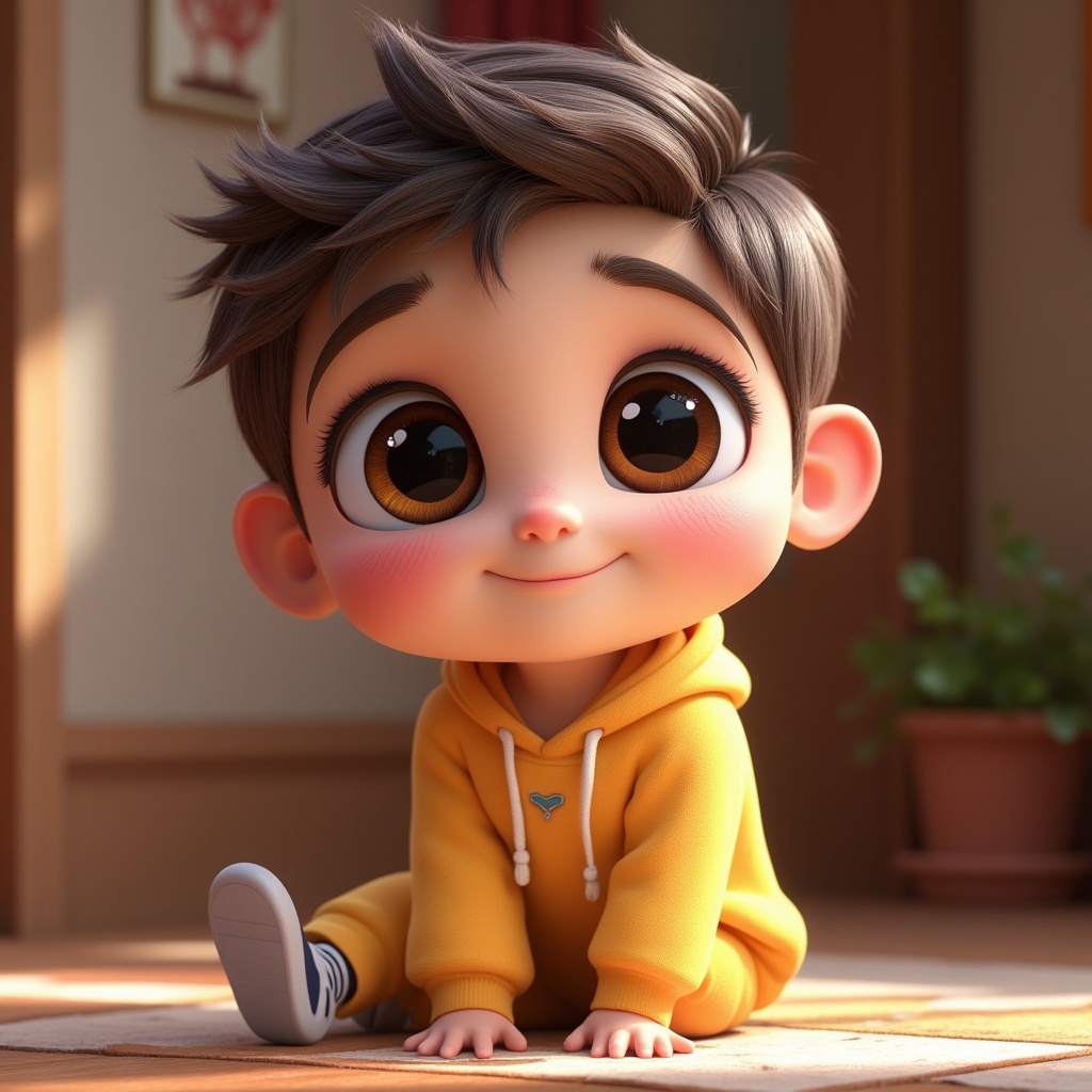 a cute character with big expressive eyes, disney pixar style