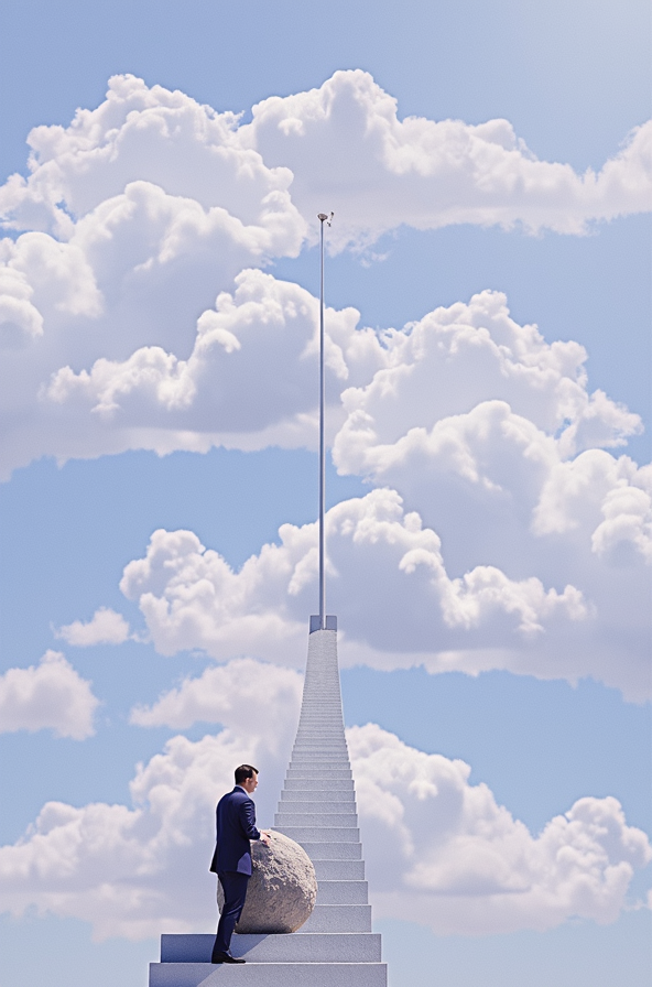 Truman Burbank, standing on a long, endless staircase under a bright blue sky with soft, wispy clouds. He is depicted in a dynamic pose, straining and determined, as he pushes a massive, rugged boulder up the stairs. The composition blends the surreal, minimalist aesthetic of 'The Truman Show' with the existential, mythic atmosphere of Camus' 'The Myth of Sisyphus.'