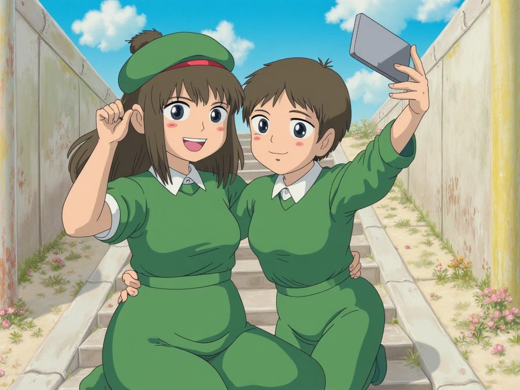 Create a pic of mom and son taking the selfie with green outfit