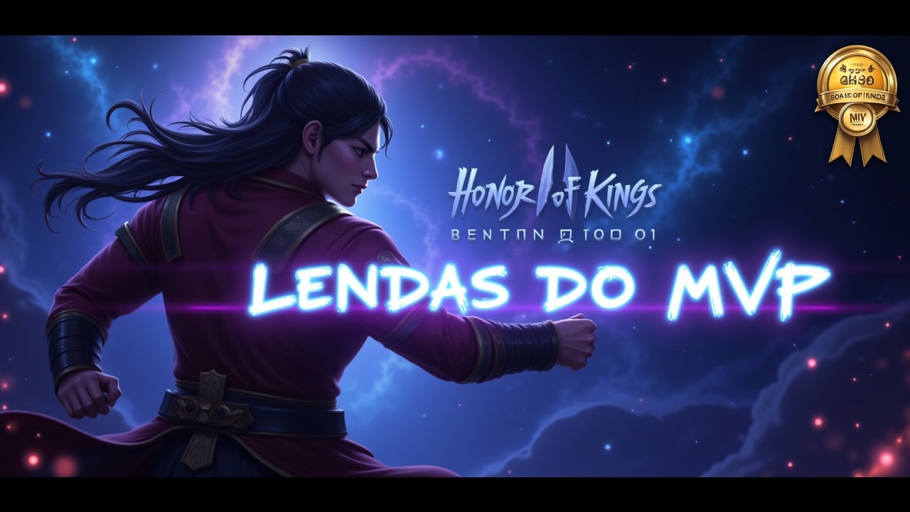 Epic YouTube thumbnail for a gameplay video of Honor of Kings featuring the hero Yao in a dynamic action pose, holding her weapon with energy effects. Background should be a cosmic nebula with glowing stars and swirling light, using blue, purple, and dark tones. Add a large shiny MVP badge in the top right corner and a golden in-game medal near the bottom or side. Include bold, glowing text saying 'LENDAS DO MVP' in the center-left, using a futuristic, sharp-edged font with a white or golden glow. Apply dramatic lighting, soft shadows, and a burst of energy or magic glow behind Yao to create a cinematic, eye-catching effect. Use high contrast and make sure the character pops from the background. Composition should be optimized for a YouTube thumbnail (16:9 ratio, 1024x576), with intense atmosphere and visual depth.
