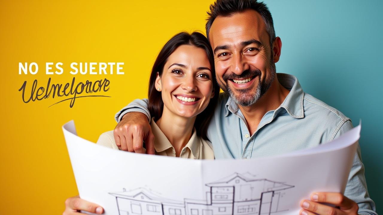 High-resolution, realistic-style photography of a middle-aged Latino couple embracing while holding a house construction plan together, smiling with hope and understanding. The clean background features bright, eye-catching colors, and the phrase "NO ES SUERTE"