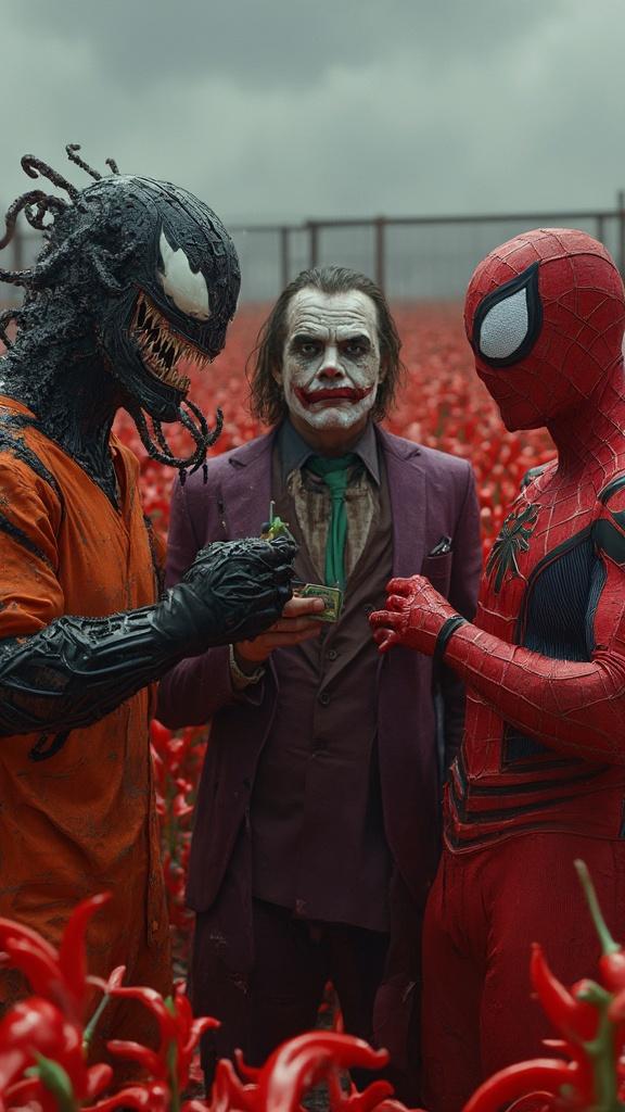 The image features three men in orange prison jumpsuits, standing in a vast field of red chili peppers. The man on the left is Venom, wearing a black mask with sharp white teeth, overlaid by a second layer of Spider-Man’s mask, which showcases the iconic red and blue web pattern with large white eyes. He’s holding a green chili pepper with a focused expression, his muscles tense and his stance ready for action. His body is covered in a distorted version of Venom’s suit, with dark, writhing black tendrils emerging from his back, casting ominous shadows against the scene. The man in the center is The Joker, with his face painted white and his signature insane grin stretched across his face. He wears a worn purple suit, a bit tattered with age, and a bright green tie, embodying his chaotic, unpredictable nature. His eyes are wide and calculating as he stares off into the distance, holding a playing card loosely in his fingers. The man on the right is Spider-Man, dressed in his classic red and blue suit with the iconic webbing pattern, tailored ultra-realistically to showcase each muscle and the suit’s intricate details. His face is covered by the Spider-Man mask, with the large expressive white eyes typical of the character. The background features a dark, overcast sky, with a distant, rusted fence looming, adding to the tense and desolate atmosphere. The overall mood of the scene is dark, cinematic, and dramatic, with the lighting emphasizing deep shadows and creating a sense of foreboding.