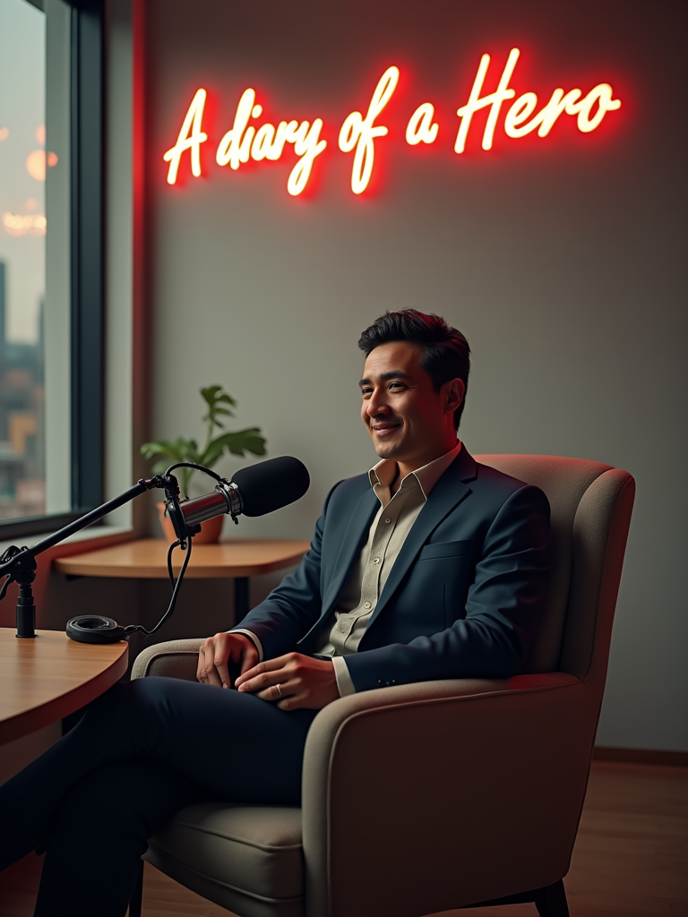 A hyper-realistic portrait of Dr. Jose Rizal, the Filipino national hero, in modern times, sitting in a sleek, contemporary podcast studio. He is seated in a comfortable, modern chair with a microphone in front of him, wearing a stylish yet professional outfit ). The studio has a clean, minimalist design with soft lighting, a wooden table, and podcast equipment like microphones. The background features a subtle cityscape view through a window, blending historical reverence with a modern aesthetic with a Neon sign titled "A diary of a Hero". The mood is professional, engaging, and reflective of a thoughtful interview setting.