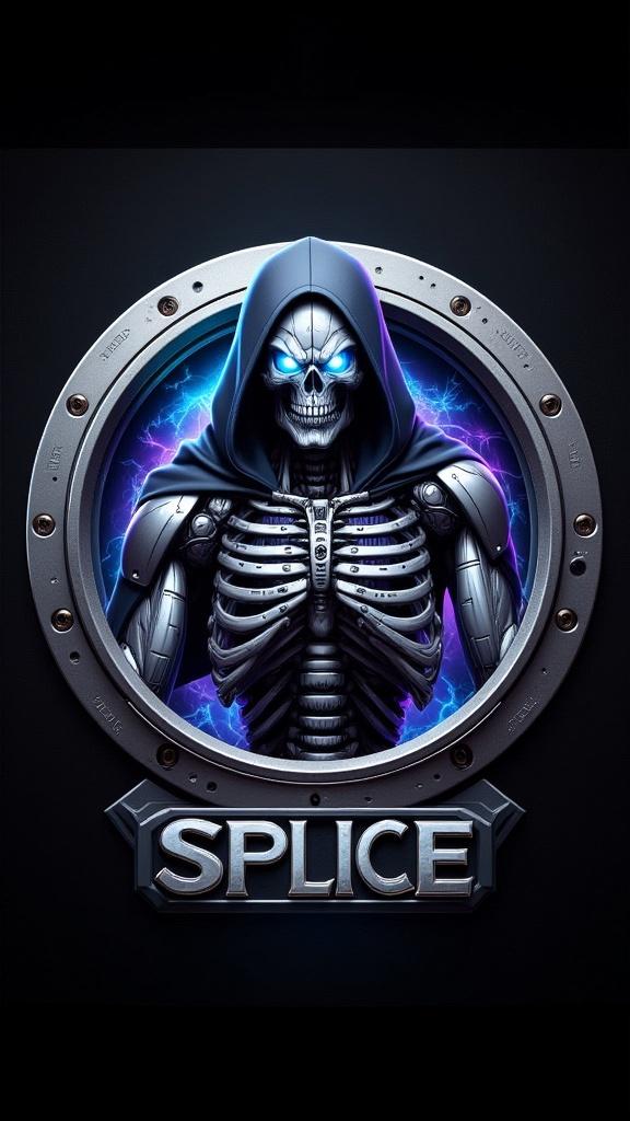 "Create a highly detailed circular logo featuring the character ‘Splice’ — a menacing cybernetic skeleton with a metallic skull, glowing blue eyes, and a sinister grin, wearing a dark hood. The upper body is visible inside the circle, with sleek armored shoulders and mechanical hands. The inner background should have a subtle glowing tech pattern in blue and purple tones. Frame the character inside a bold circular border with a carbon fiber texture. The outer ring should be metallic with a brushed steel finish, beveled edges, and equally spaced bolts to give a bolted-down industrial feel. At the bottom of the circle, engrave the name 'SPLICE' in bold, capitalized metallic letters with a faint blue neon glow. Keep the detailing sharp, polished, and consistent with the style of the LandscaperBob logo."