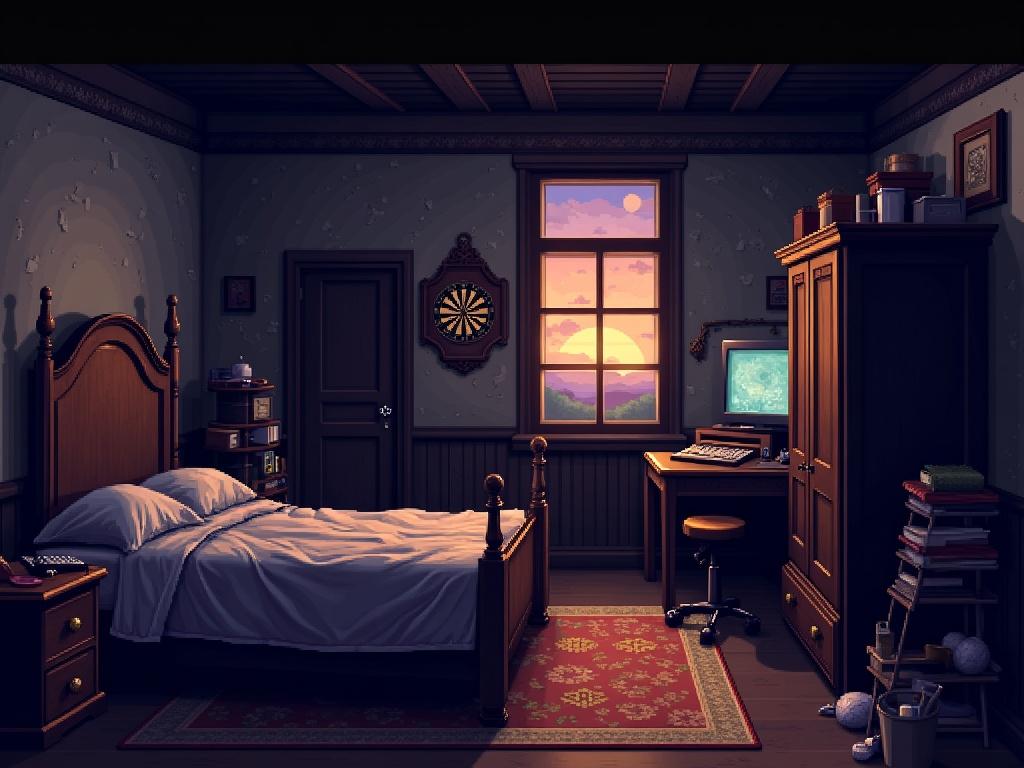 A 16-bit pixel art RPG background: a cluttered bedroom bathed in the soft glow of a setting sun, a massive four-poster bed dominates the left, its ornate headboard casting long shadows; a dark wardrobe hugs the right wall near a door, a worn dartboard mounted above it; a small window reveals a twilight sky, a cluttered cupboard beneath it; a desk overflows with a bulky CRT monitor, a retro keyboard, and a dusty mouse; melancholic nostalgia pervades, hinting at a forgotten adventure, a sense of quiet longing.

