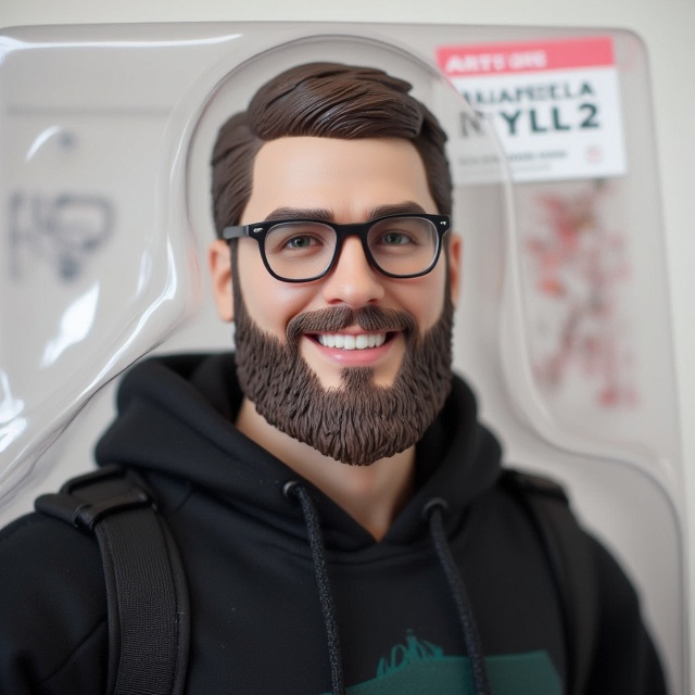 A highly detailed, realistic action figure of a cheerful bearded man with glasses, medium-short hair, and a kind smile. He is wearing a black hoodie and dark green t-shirt. The action figure is displayed inside a stylish transparent blister box with bold, modern graphics and a creative artist theme.