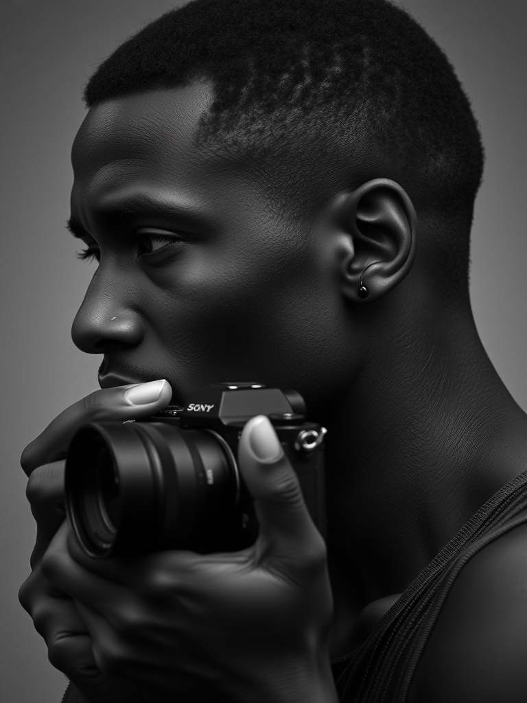 Create a high contrast portrait photo of an African travel photographer focusing on my head, face and the camera in hand in action. This should be black and white. 
4k HD Quality.
The camera should be a Sony A7iv and a telephoto lens. 
I am 6.2ft and athletic body type. I have piercing with black earrings. 

Generate a side profile image of him in action 