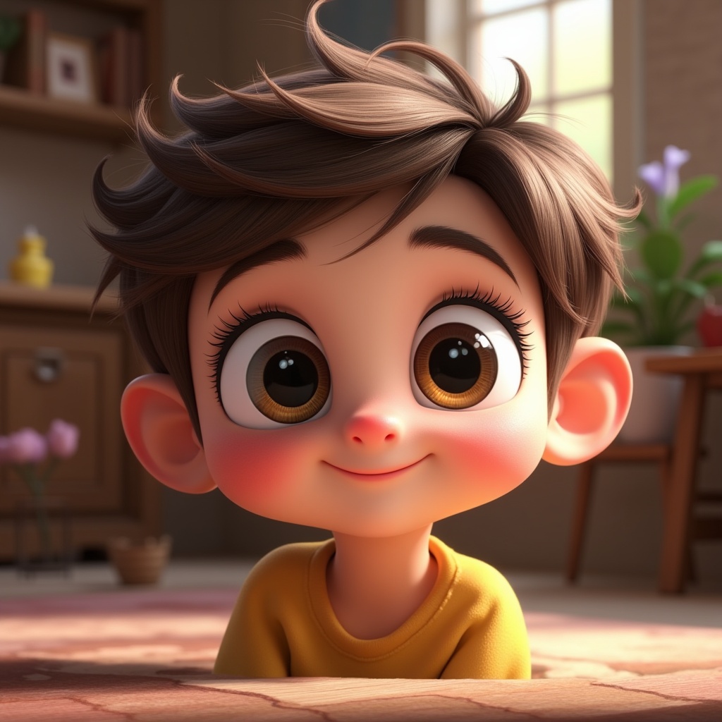 a cute character with big expressive eyes, disney pixar style