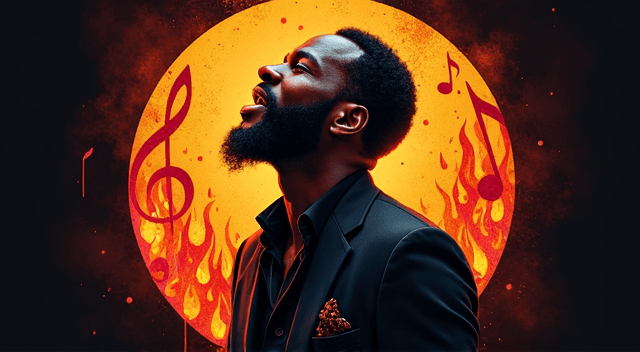 A vibrant circular logo design featuring a powerful Black man singing soulful blues, bathed in warm, golden light; his eyes closed, conveying deep emotion; intricate details in his clothing, a rich, textured background suggesting a smoky jazz club; the circular frame incorporates musical notes and stylized flames, evoking passion and energy.
