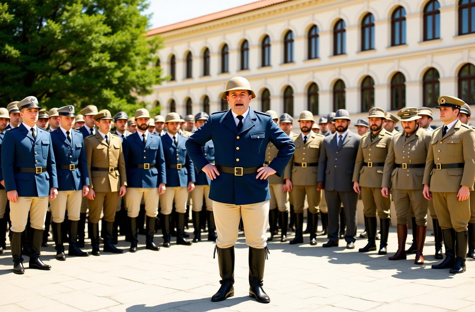 {
  "prompt": "A hyper-realistic, cinematic color photograph, captured with an Arri Alexa 65, depicting Gabriele D'Annunzio as the central figure, passionately addressing a large assembly of his legionary soldiers in Fiume, circa 1919. D'Annunzio stands on a slight elevation, wearing a distinctive tan riding helmet, a dark blue military tunic with light tan breeches, and tall black leather boots. His posture is commanding, with hands on his hips and a dynamic, passionate expression. A large, diverse crowd of soldiers surrounds him. Their uniforms are a mix of military styles and colors, including deep blue, grey, and khaki tunics, with many wearing fezzes and other unique headwear. A group of four officers in more formal, light-colored uniforms stands to his right. The background is the grand, light-colored Austro-Hungarian architecture of Fiume, featuring a large building with a series of prominent arched windows. Lush green trees and foliage frame the left side of the scene. The ground is a light-colored paved square. The lighting is natural, late-afternoon sunlight, creating soft, warm tones and defined shadows that enhance the three-dimensionality of the scene. The color palette is rich and historically accurate, with deep blues and greens contrasting with the lighter browns and tans of the uniforms and architecture, all rendered with the exceptional clarity, depth, and cinematic fidelity characteristic of an Arri Alexa 65. The overall composition conveys a powerful sense of historical gravitas and dramatic tension.",
  "negative_prompt": "monochrome, black and white, low quality, blurry, cartoonish, animated, sketch, drawing, simple, unrealistic, disfigured, poorly drawn faces, extra limbs, text, writing, watermarks, oversaturated colors",
  "style_raw": "cinematic, historical, photorealistic, Arri Alexa 65, highly detailed, dramatic lighting",
  "aspect_ratio": "21:9",
  "quality": "cinematic",
  "seed": 9876
 }