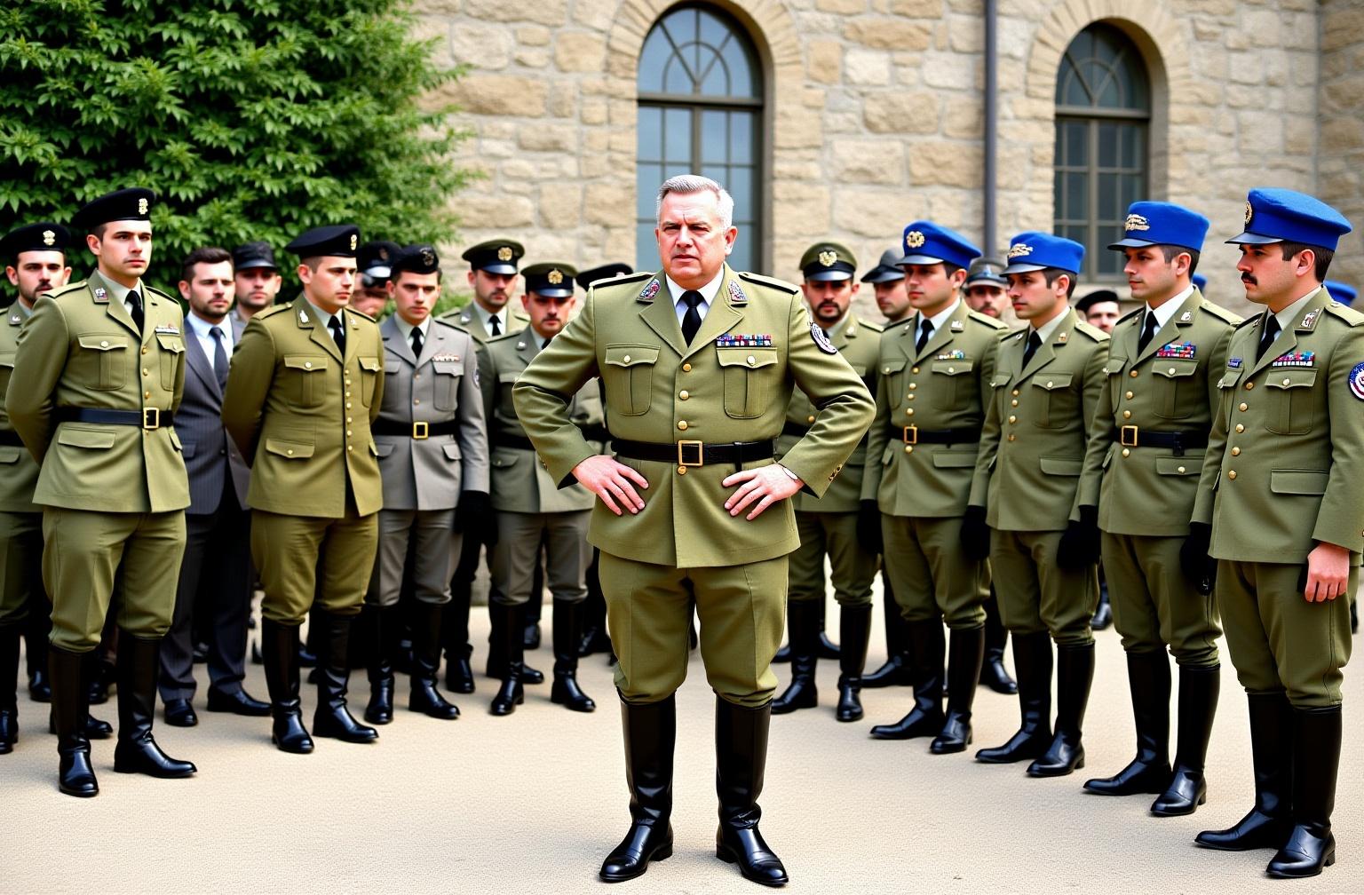 Early 1900s Italian military gathering in a courtyard, Gabriele D’Annunzio in olive-green military uniform, short four-pocket jacket with epaulettes, black leather belt, cavalry breeches tucked into tall polished black boots, hands on hips, chest forward, head slightly raised, determined expression, shaved head with slight shadow of hair. To his right, four officers in matching uniforms and tall black boots, wearing blue-visored peaked caps, one with tricolor stripes on the sleeve, others with hands together or at sides, standing erect. To his left, a dense group of soldiers in olive uniforms, some wearing black or blue berets, some with ties, various facial hair, arms crossed or hands behind backs, all focused on D’Annunzio. Background: stone wall with tall arched windows, lush green vegetation on the left side catching daylight. Natural soft daylight from above, cinematic hyperrealism, rich deep colors, realistic military greens, warm skin tones, subtle film grain, ultra high resolution, ARRI Alexa 65, 50mm lens, f/4, shallow depth of field, sharp focus on foreground, slightly blurred background 