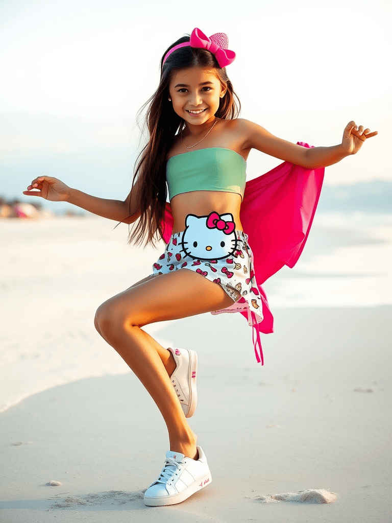 Very Young girl posing in hello kitty very  super short shorts ,  beach , tube top, dynamic pose , on sneakers 