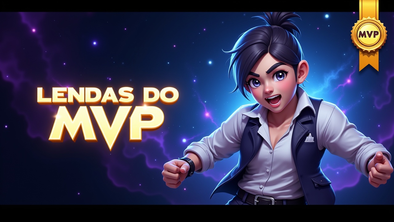 Epic YouTube thumbnail for a Yao gameplay video of Honor of Kings featuring the hero Yao in a dynamic action pose, holding her weapon with energy effects. Background should be a cosmic nebula with glowing stars and swirling light, using blue, purple, and dark tones. Add a large shiny MVP badge in the top right corner and a golden in-game medal near the bottom or side. Include bold, glowing text saying 'LENDAS DO MVP' in the center-left, using a futuristic, sharp-edged font with a white or golden glow. Apply dramatic lighting, soft shadows, and a burst of energy or magic glow behind Yao to create a cinematic, eye-catching effect. Use high contrast and make sure the character pops from the background. Composition should be optimized for a YouTube thumbnail (16:9 ratio, 1024x576), with intense atmosphere and visual depth.
