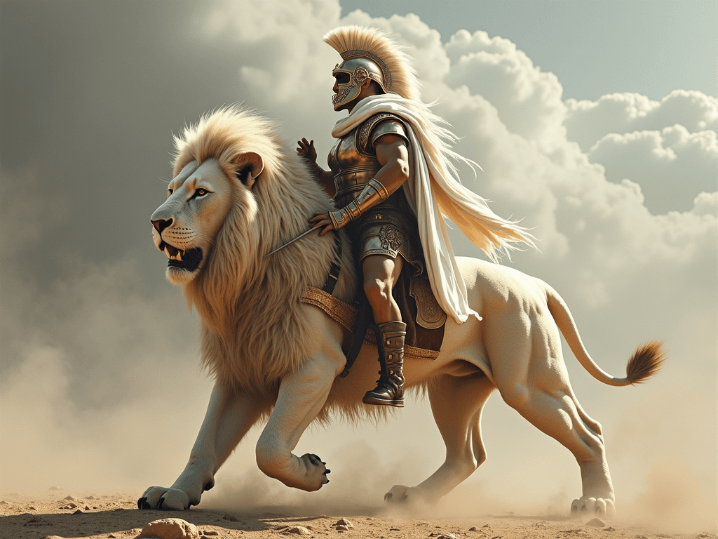 genera la imagen de un león blanco parado sobre sus dos patas traseras utilizando un uniforme de guerra y escudo espartano. Utiliza un estilo realista