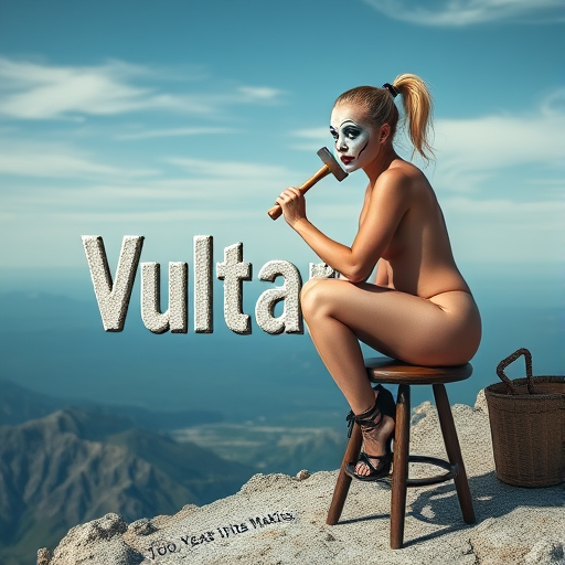 an attractive extremely scantly clad blonde haired woman wearing clown face makeup sitting on a small stool with a hammer and chisel, hammering a stone wall with the word "Vultar" under the word is the phrase "100 Years In The Making" at the top of a mountain