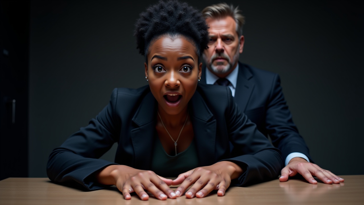 In a modern office environment, a young African woman, about 19 years old, stands behind her desk, her eyes wide open, shocked and frightened, her mouth open as if screaming. Her hands are pressed firmly on the desk in a gesture of panic. Behind her, her intimidating male boss stands very close, leaning in towards her. The atmosphere is tense and oppressive. Both of them are wearing business attire that is slightly unbuttoned. The lighting is dramatic, highlighting the emotional intensity of the moment.