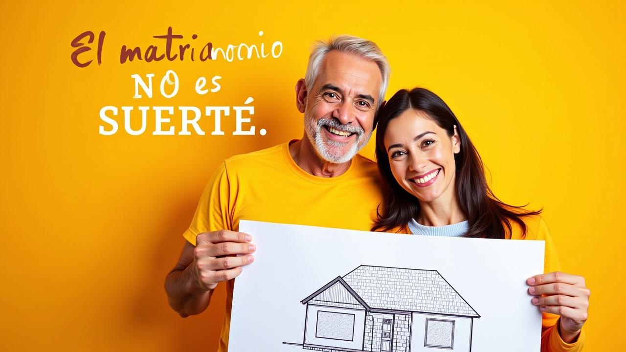 High-resolution, realistic-style photography of a middle-aged Latino couple embracing while holding a house construction plan together, smiling with hope and understanding. The clean background features bright, eye-catching colors, and the phrase "El matrimonio NO es SUERTE"