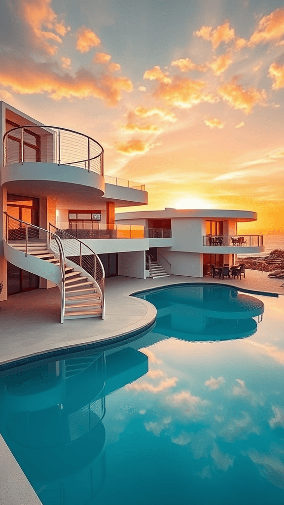 A sprawling, ten-million-dollar modern white beach house, bathed in the golden light of sunset, features a dramatic, spiraling external staircase leading to a turquoise infinity pool; a sleek, minimalist pool bar stands nearby, reflecting the vibrant hues of the sky, creating a scene of opulent serenity and coastal luxury. 
