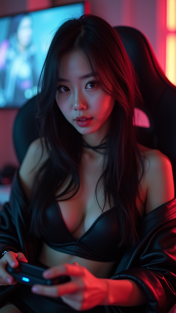 Ultra-realistic cinematic video of a stunning young East Asian woman, filmed in 4K resolution with lifelike skin texture and natural lighting. She has fair skin, long silky dark hair, glossy lips, and captivating almond-shaped eyes. Her gaze is playful and teasing, locked onto the camera as she subtly smiles. She's dressed in an edgy, provocative outfit — perhaps a tight-fitting, slightly off-shoulder top paired with high-waisted shorts or a leather jacket, showcasing a confident, bold vibe. She’s sitting comfortably in a modern gaming chair, holding a game controller, clearly immersed in her favorite video game. Her movements are slow and sensual, sometimes leaning forward, biting her lip as she focuses, or casually adjusting her hair while playing. The background is a dimly lit room with a glowing gaming setup, accentuating the intimate, seductive mood. The atmosphere is intimate and slightly provocative, combining her passion for gaming with a confident, alluring aura.