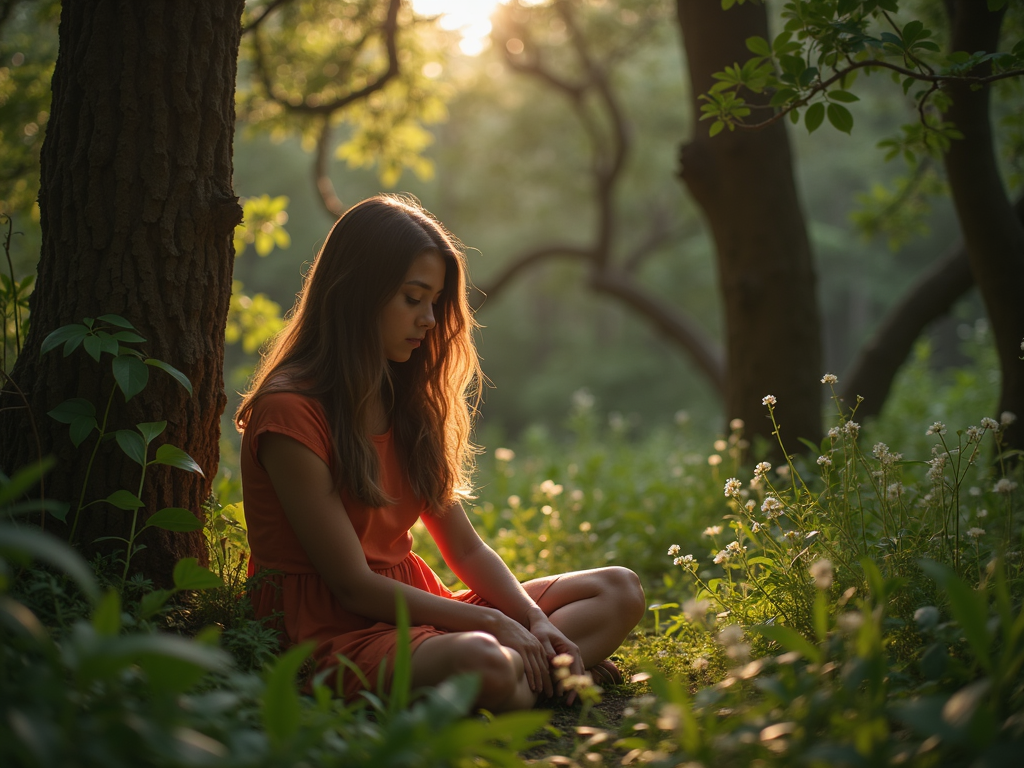 uma-menina-sentada-na-floresta-escutando-svtequ8qk