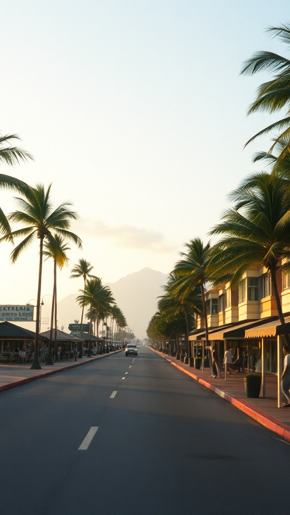 90s photograph of a tropical beach boulevard, grainy quality, the sun is setting
