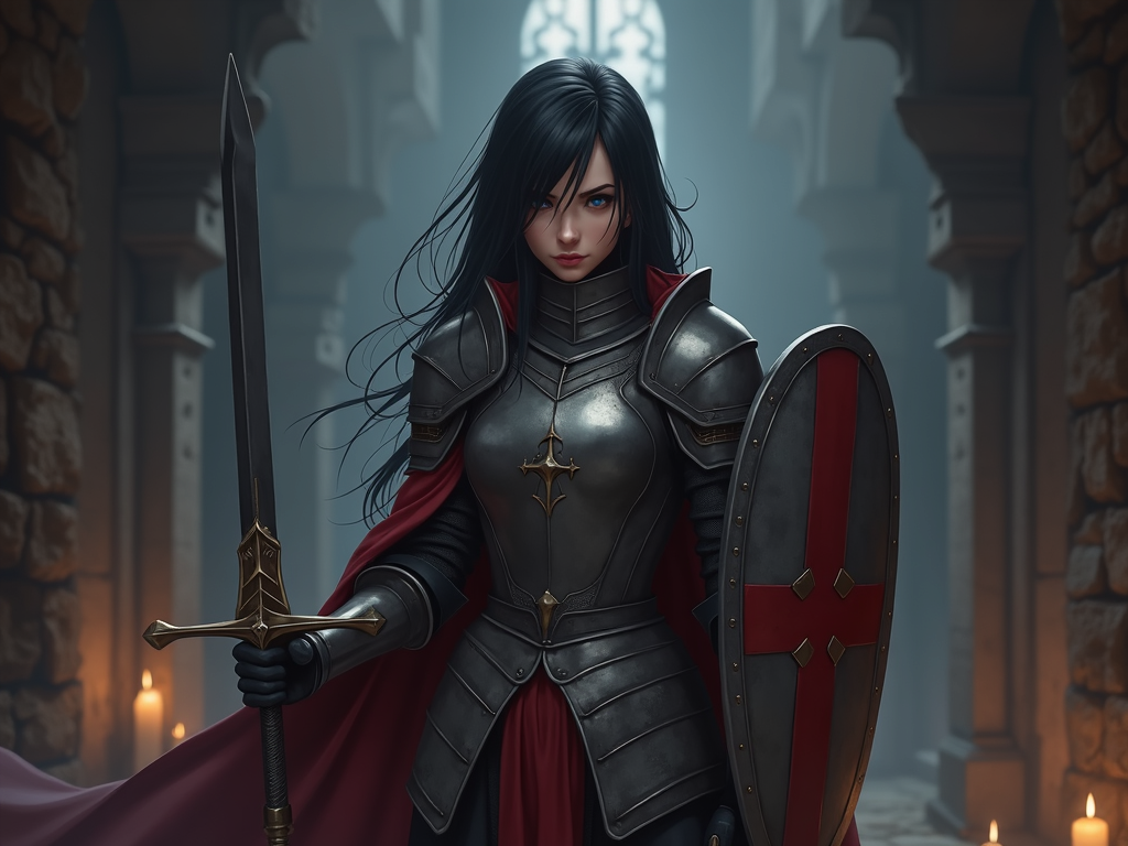 In anime style, create a beautiful female Templar with black hair wearing plate armor visible from the feet up in a dungeon wielding a sword and shield