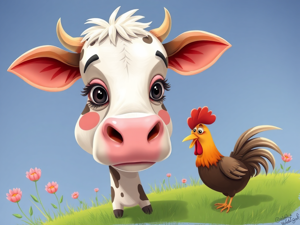 A whimsical caricature of Mom of cow and chicken