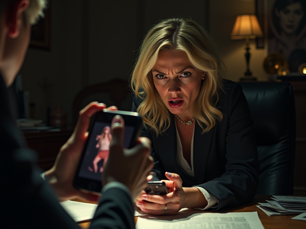 A terrified, furious blonde CEO, her crimson face a stark contrast to her impeccably tailored suit, glares at a low-level employee holding a phone displaying a compromising image—a jarring juxtaposition of her professional persona and a hidden, vulnerable self.  The dimly lit office, a chaotic blend of expensive furniture and scattered papers, amplifies her fear and rage.  The scene is a tense power struggle, a clash of corporate decorum and raw, illicit desire, captured in a gritty, photorealistic style.
