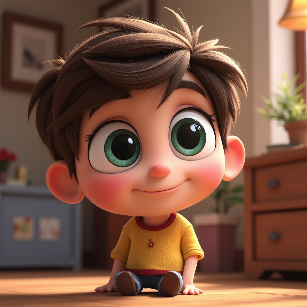 a cute character with big expressive eyes, disney pixar style