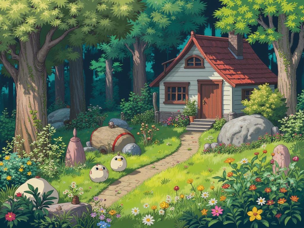 A magical forest with spirits and a small cottage, ghibli style