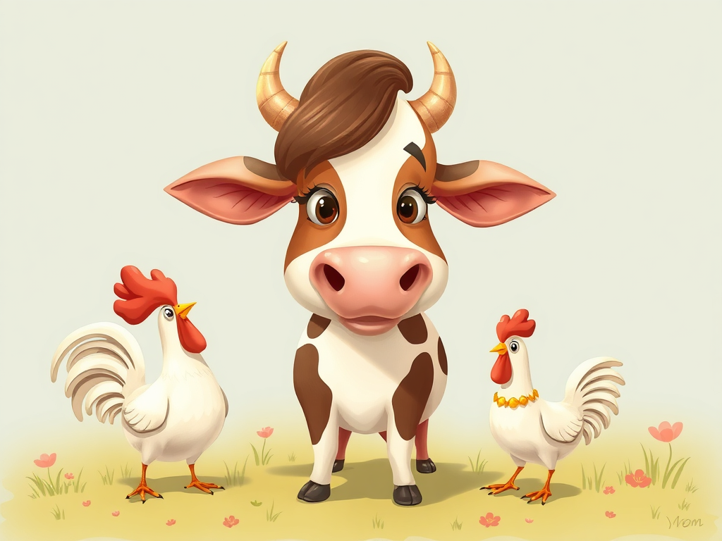 A whimsical caricature of Mom of cow and chicken
